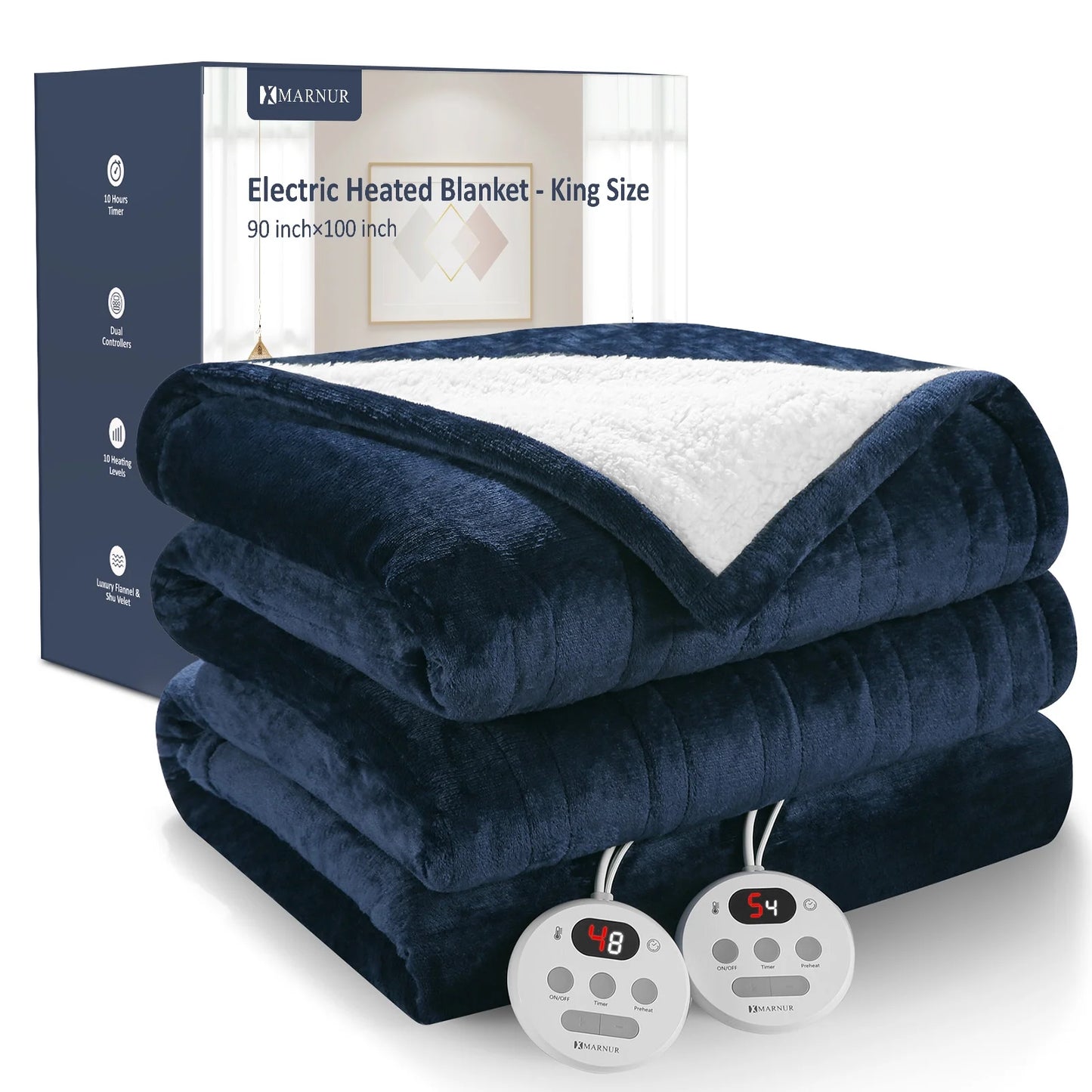 Electric Heated Blanket King Size 90''X100'', Fast Heating with Dual Controllers, 10 Heating Levels, 10H Timers, Preheat Function Machine Washable - Dark Blue