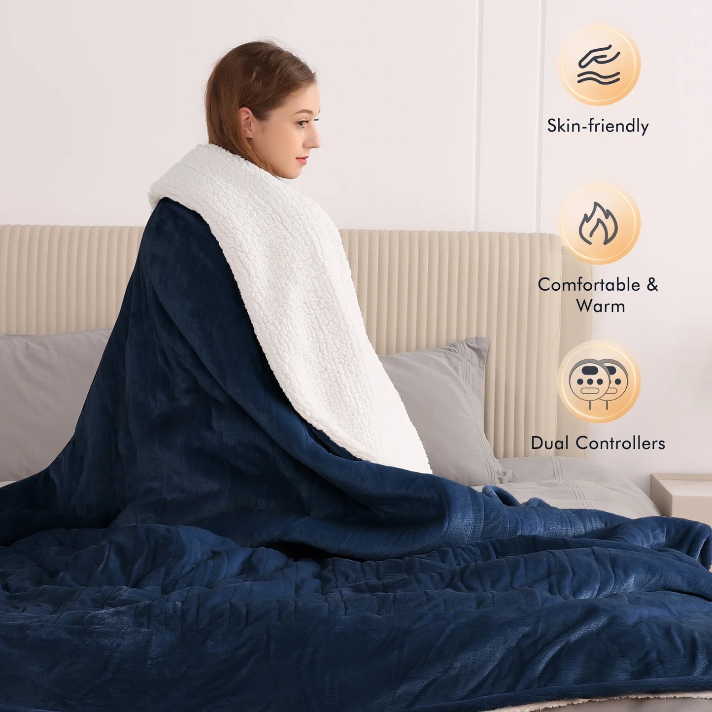 Electric Heated Blanket King Size 90''X100'', Fast Heating with Dual Controllers, 10 Heating Levels, 10H Timers, Preheat Function Machine Washable - Dark Blue